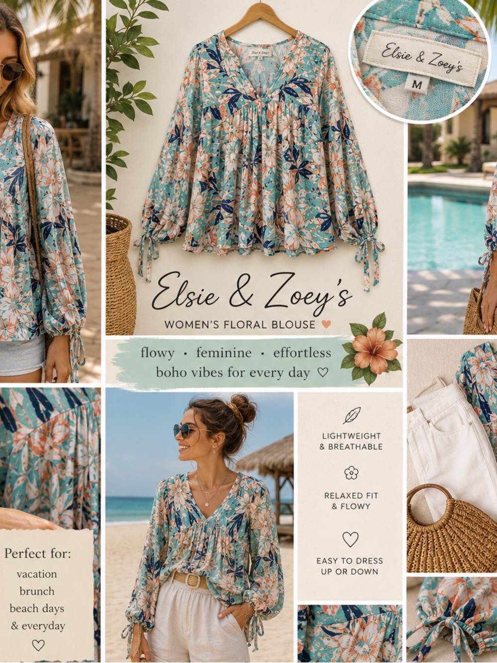 Elsie & Zoey’s Blouse Medium Floral Tropical Boho Peasant V-Neck Balloon Sleeves